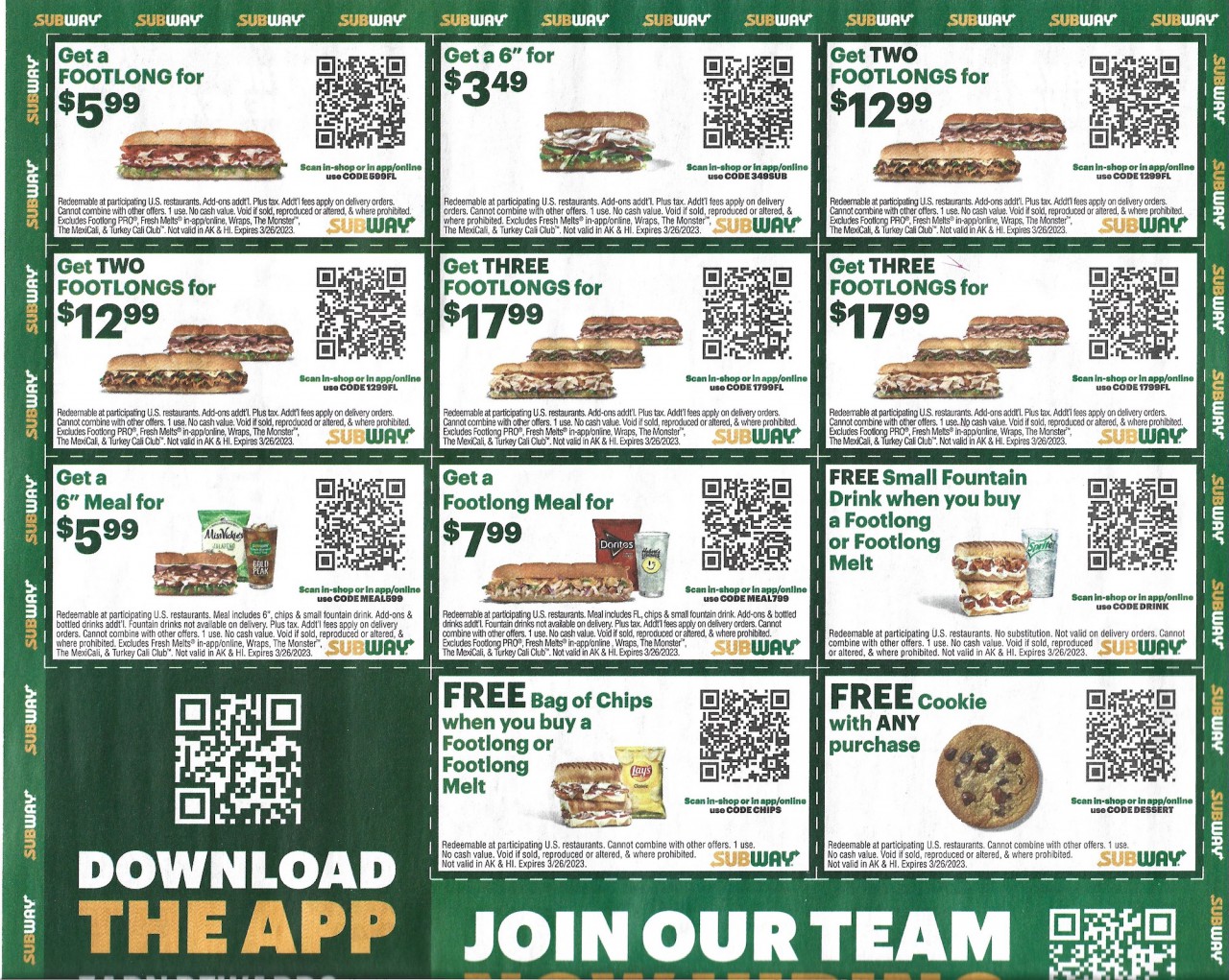 Subway Coupon Inserts Expires April 2023