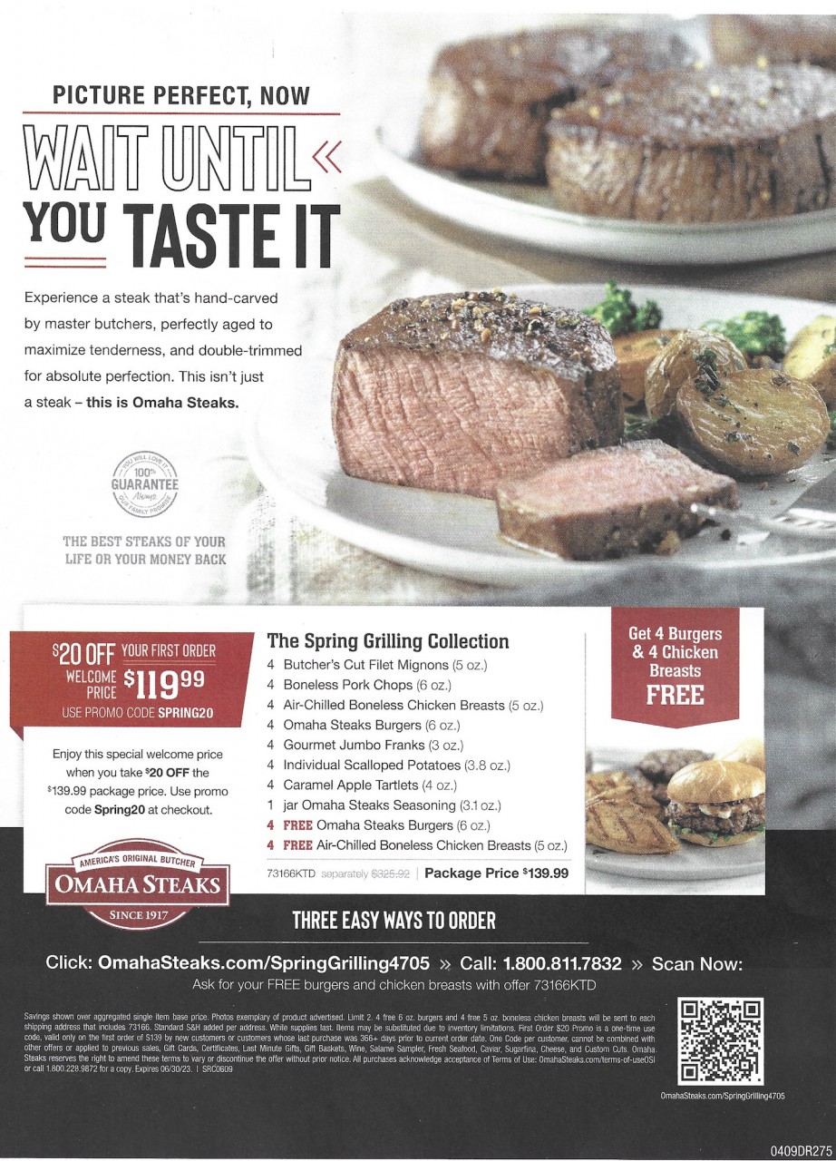 $20 Off First Order + 4 Free Burgers 4 Free Chicken Breasts Omaha Steaks