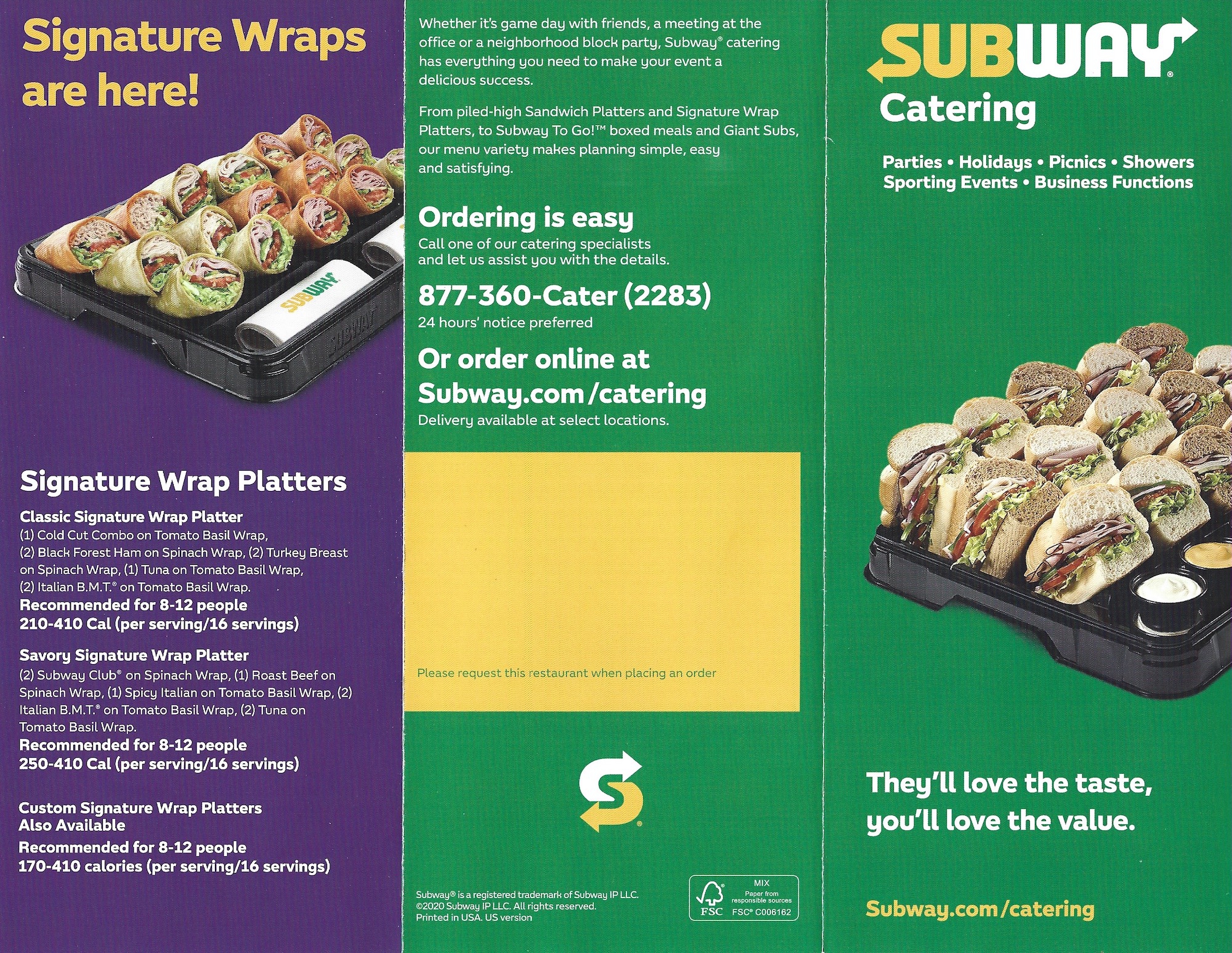 Subway Catering Menu + Calories
