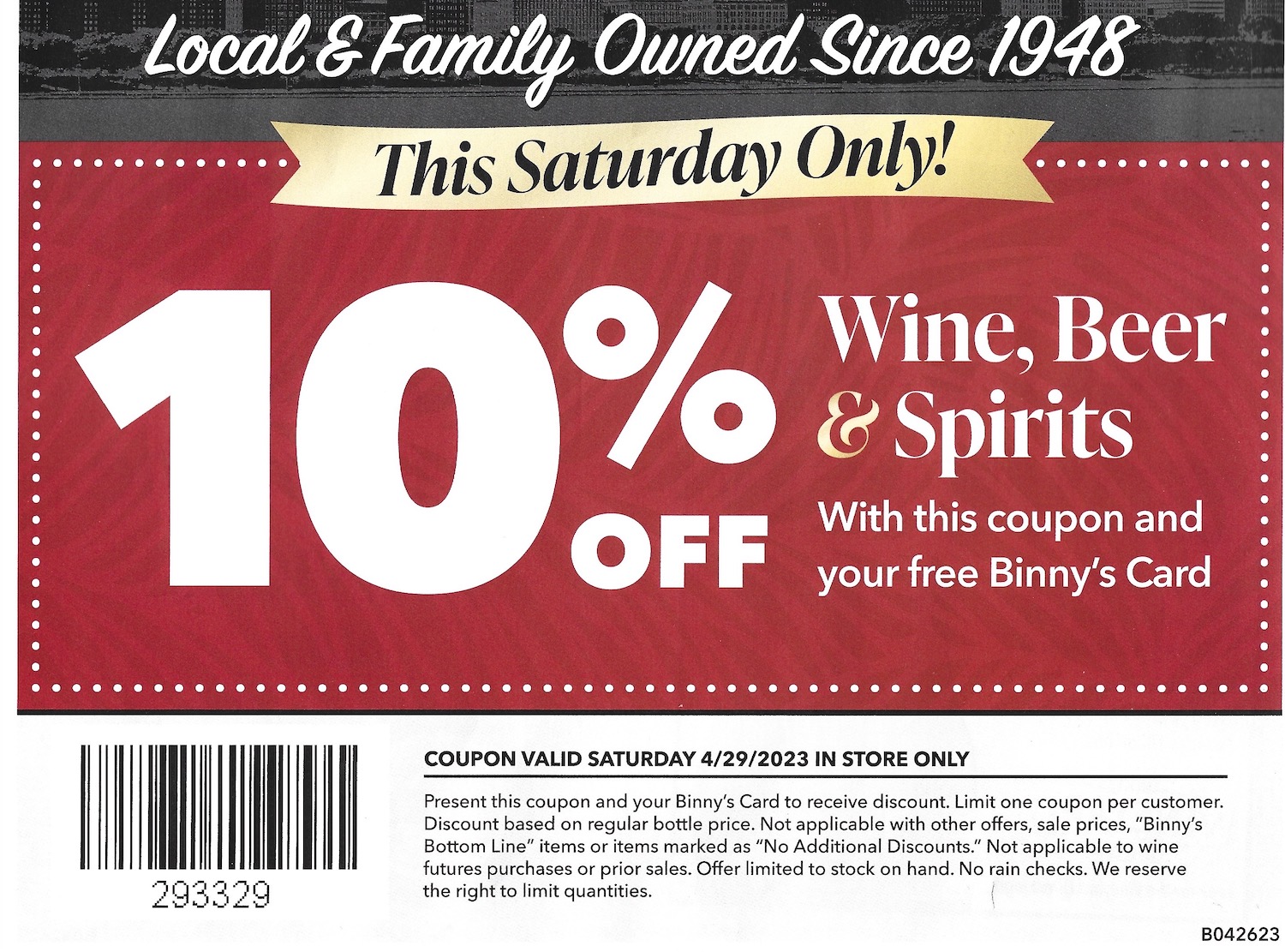 Binny's 10 Off Wine Beer Spirits Expires 04/29/2023