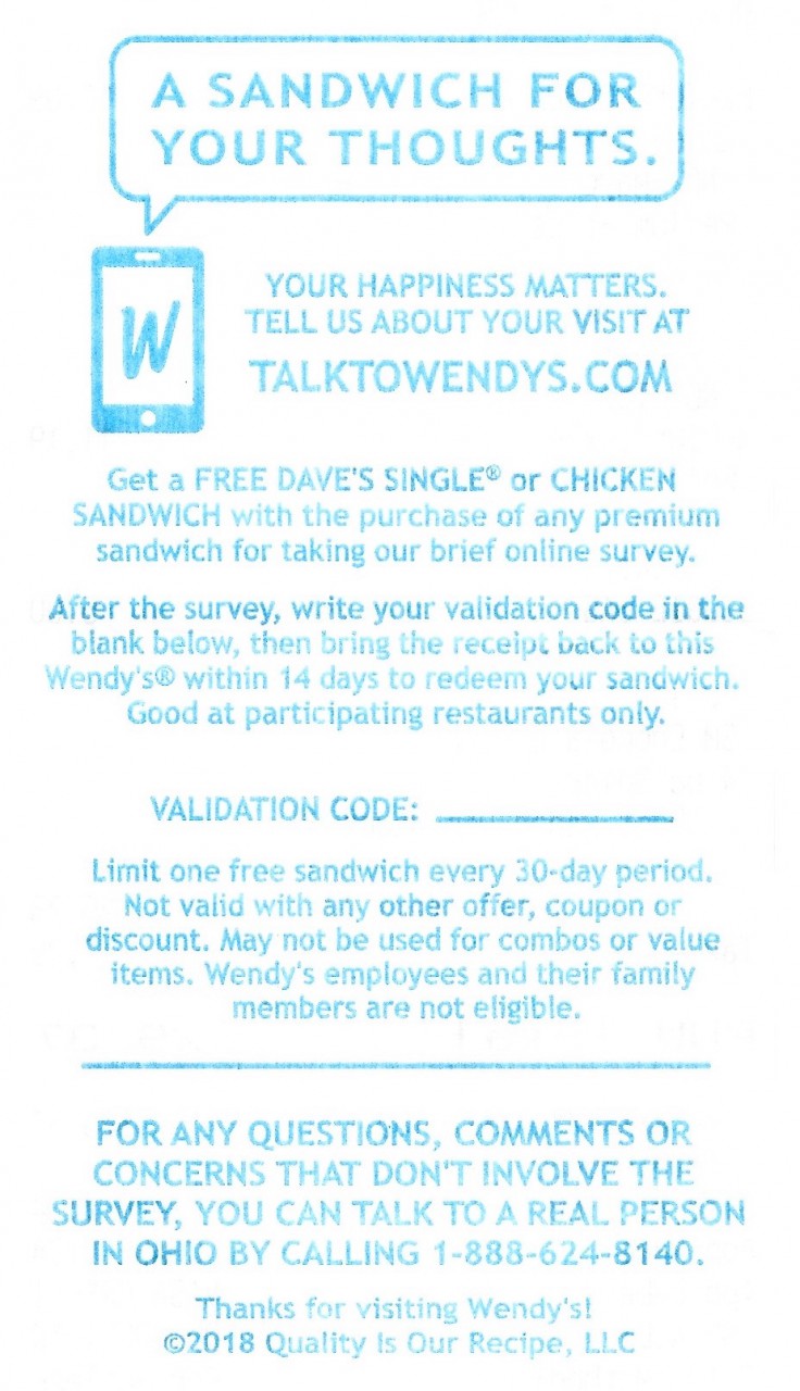 Wendy's Free Dave's Single or Chicken Sandwich Receipt Coupon
