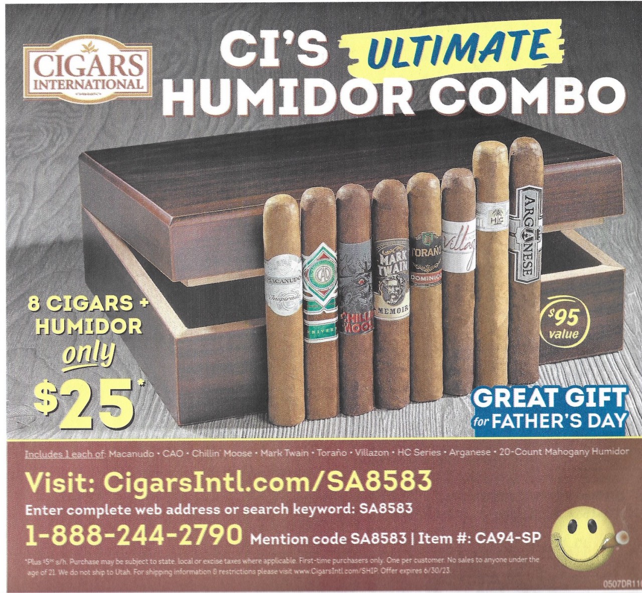 Cigars International 8 Cigars + Humidor $25 - Expires 06/30/2023