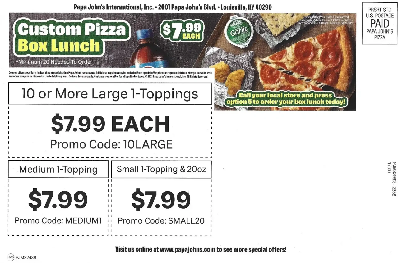 Papa Johns Pizza Online Coupon Codes Mailer 2023