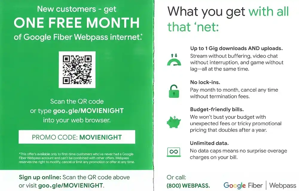 Google Fiber WebPass 1 Free Month Internet + $180 Credit To Early Termination Fees