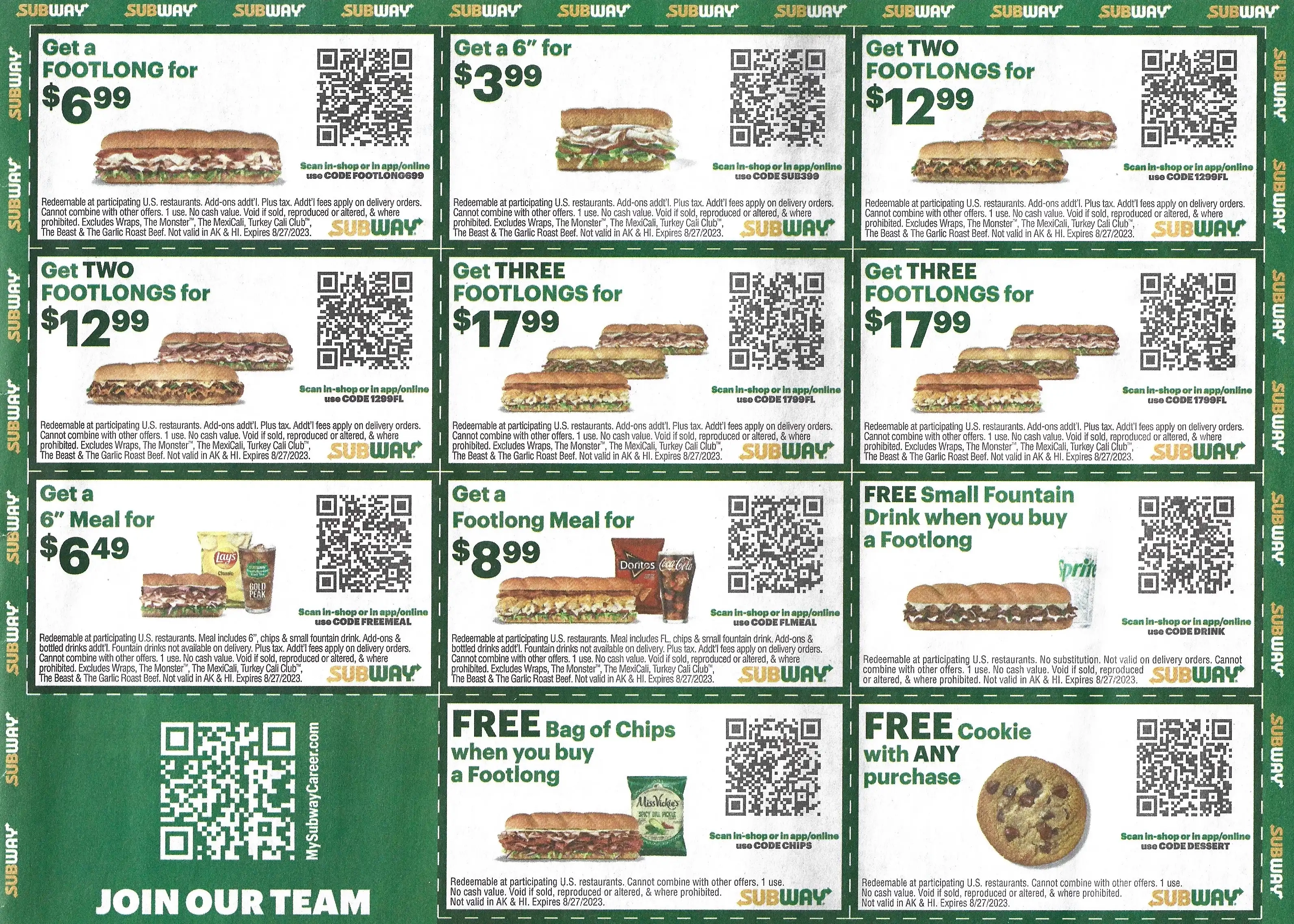 Subway Printable Store Coupons QR Codes Expires 08-27-2023