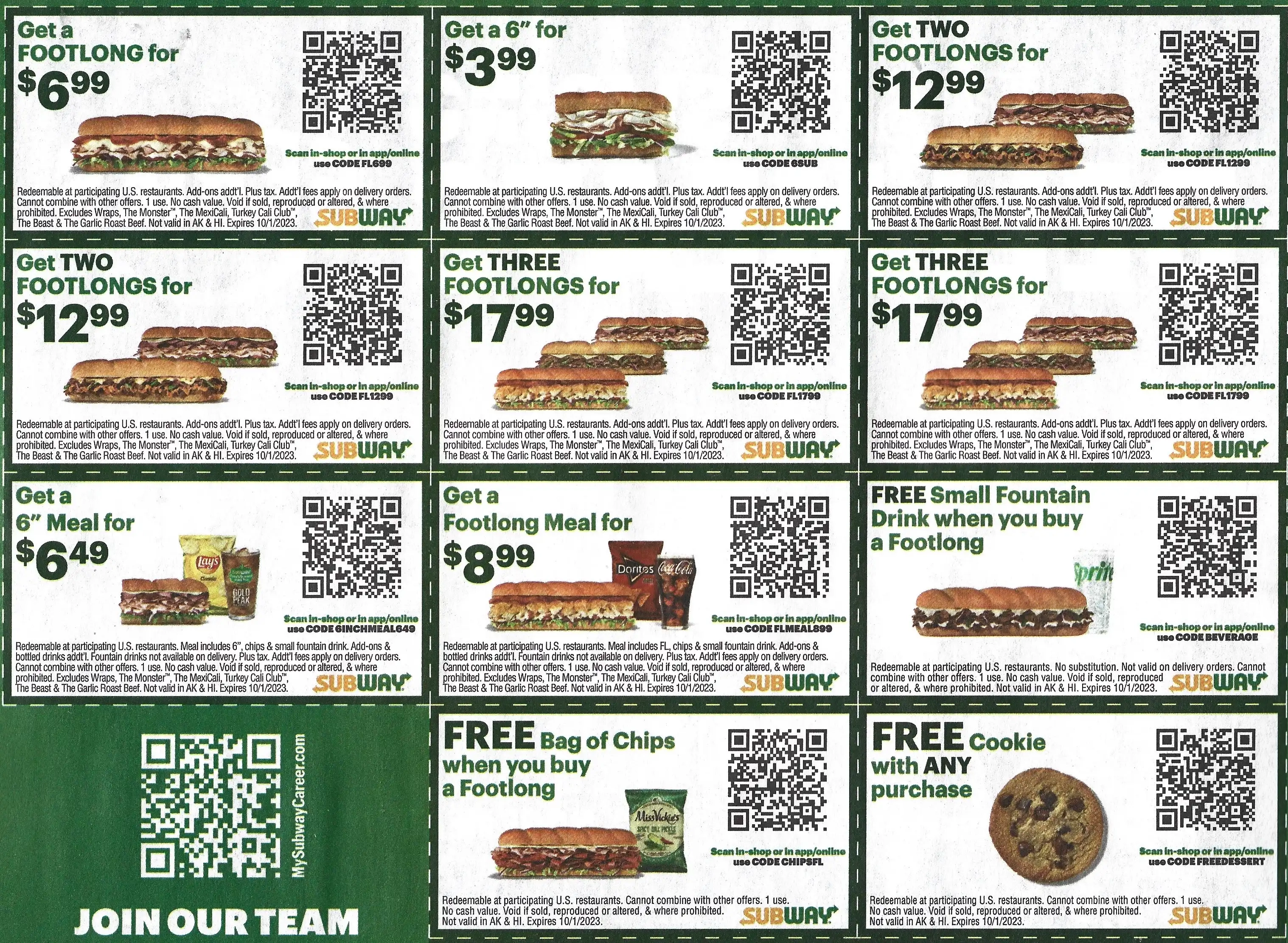 Subway Printable Store Coupons QR Codes - Expires 10/01/2023