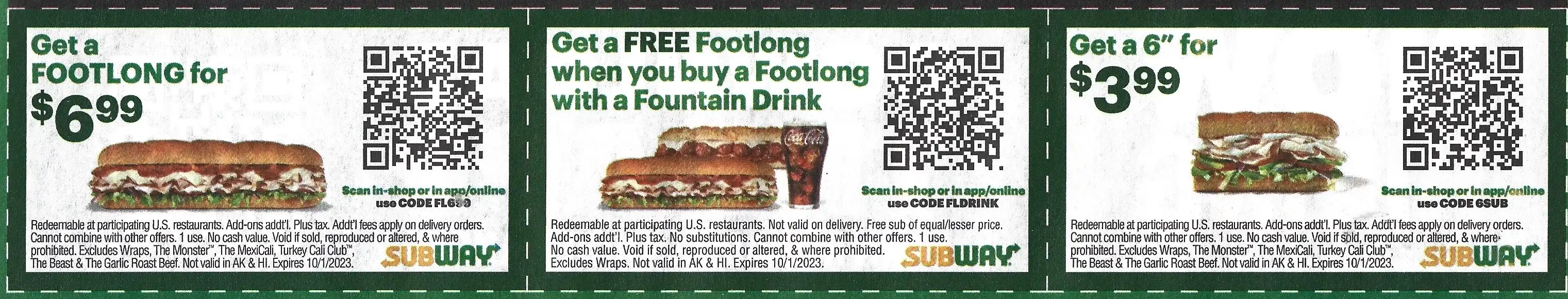 Subway Printable Store Coupons QR Codes - Expires 10/01/2023