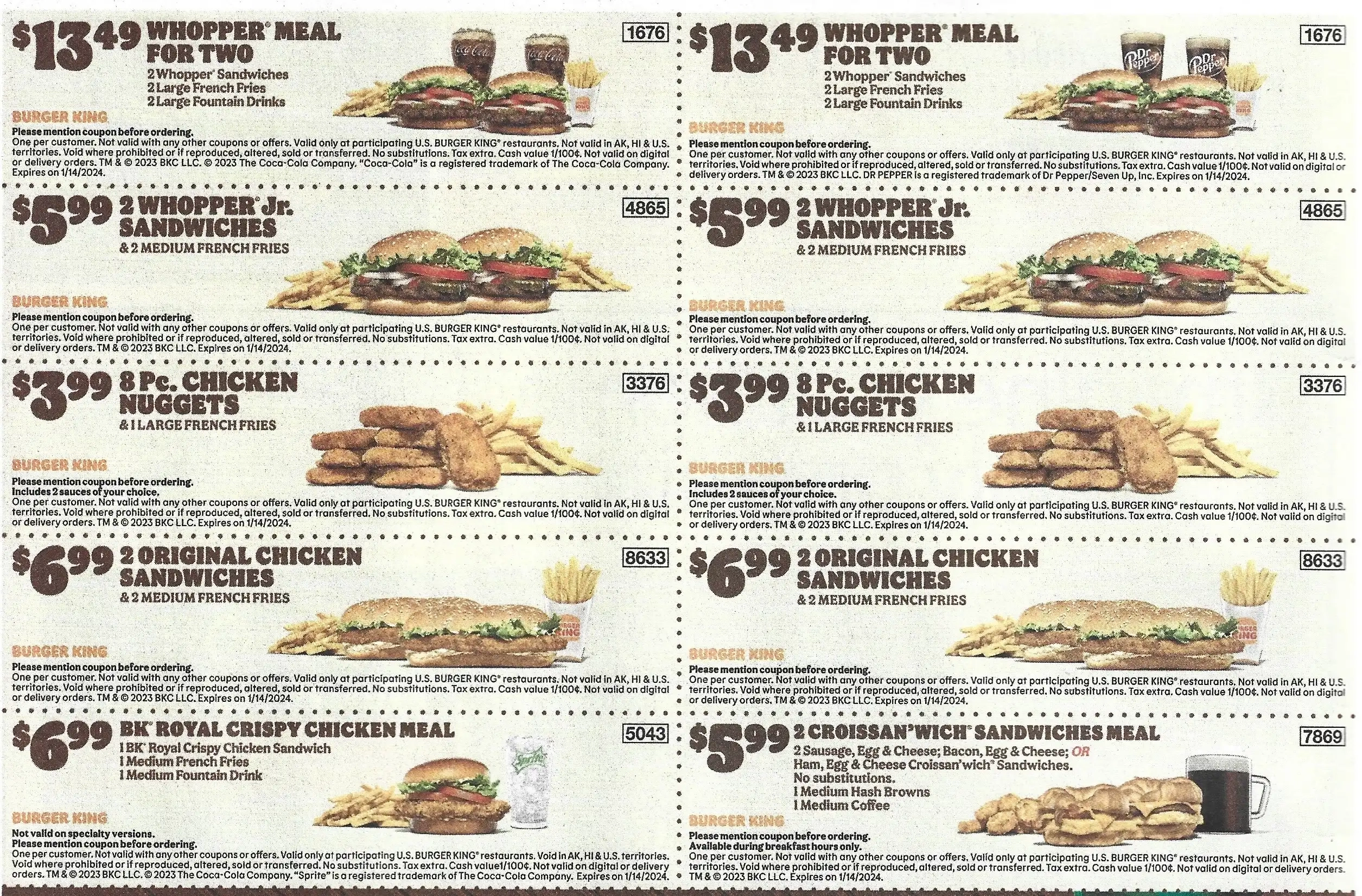 Burger King Mailer Store Code Coupons - Expires 01/14/2024