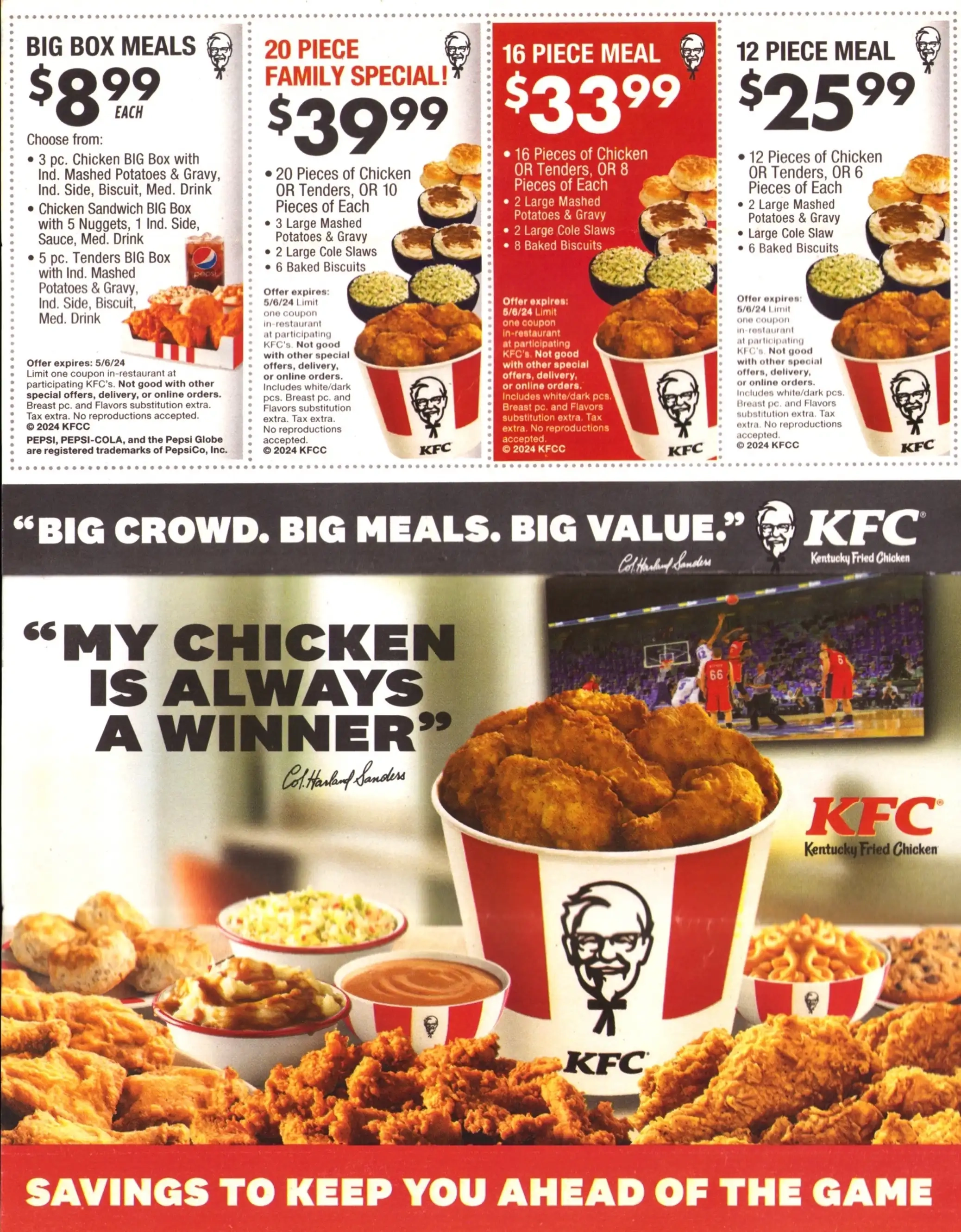 KFC Kentucky Fried Chicken Coupon Book Expires 05/06/2024 Sheet 3