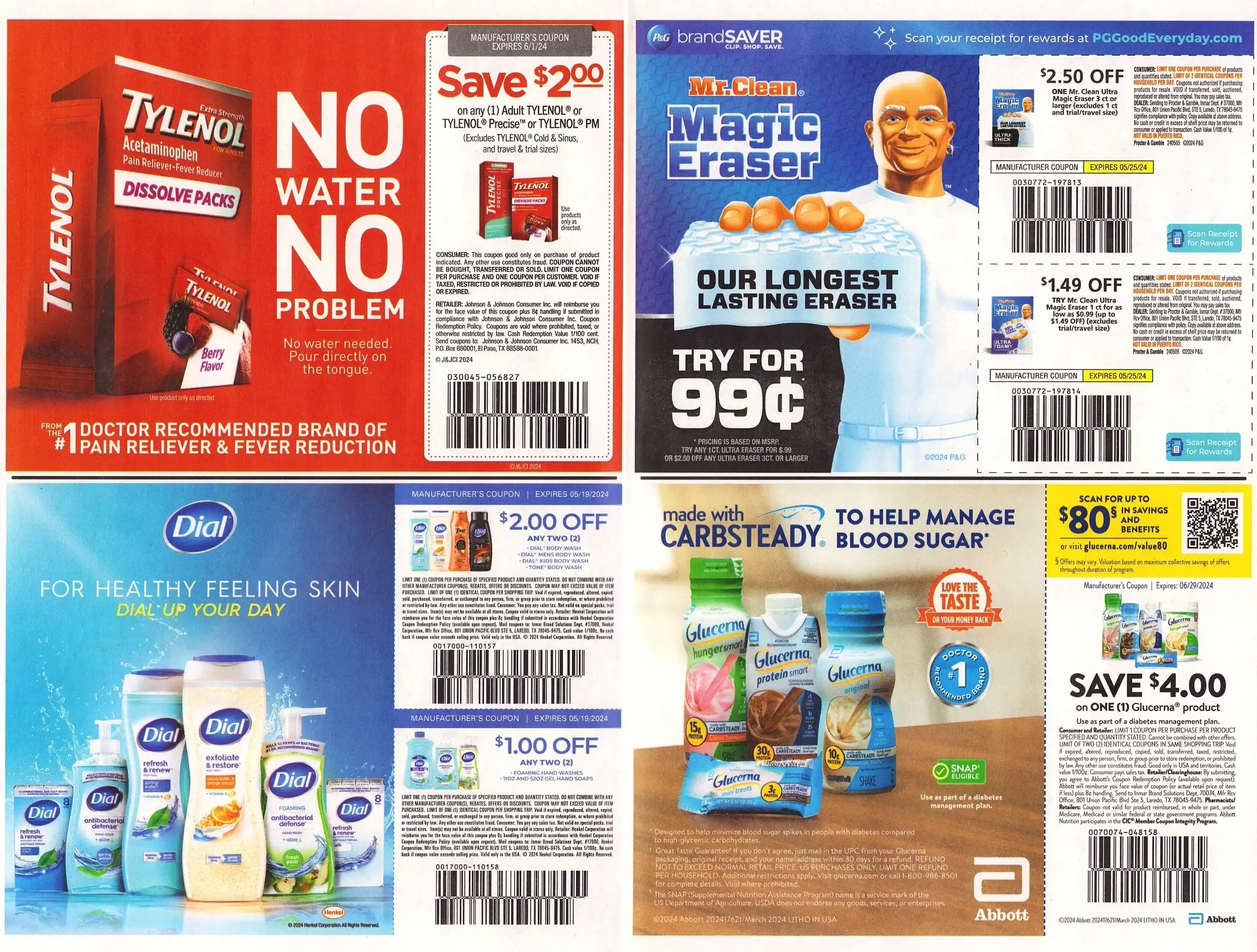 Save.Com Weekly Mailer Coupons - 05/05/2024 Tylenol Mr Clean Dial Glucerna