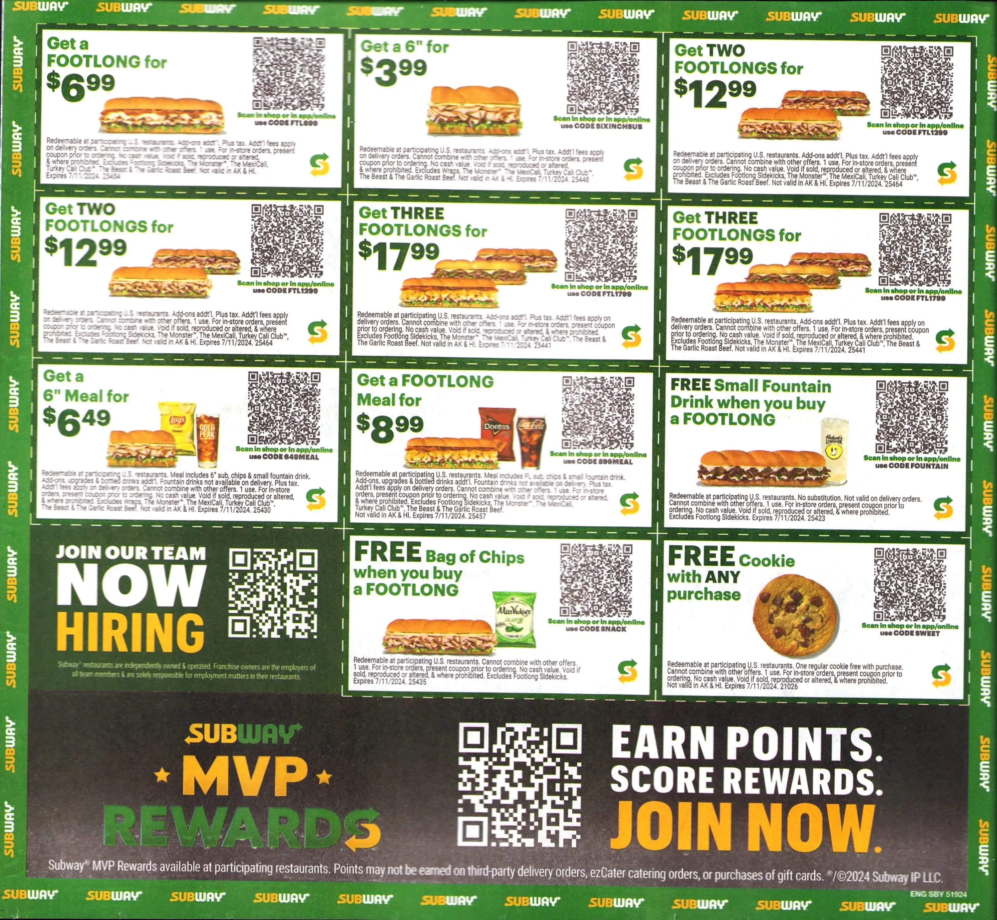 Subway QR Code Coupons - Expires 07/11/2024