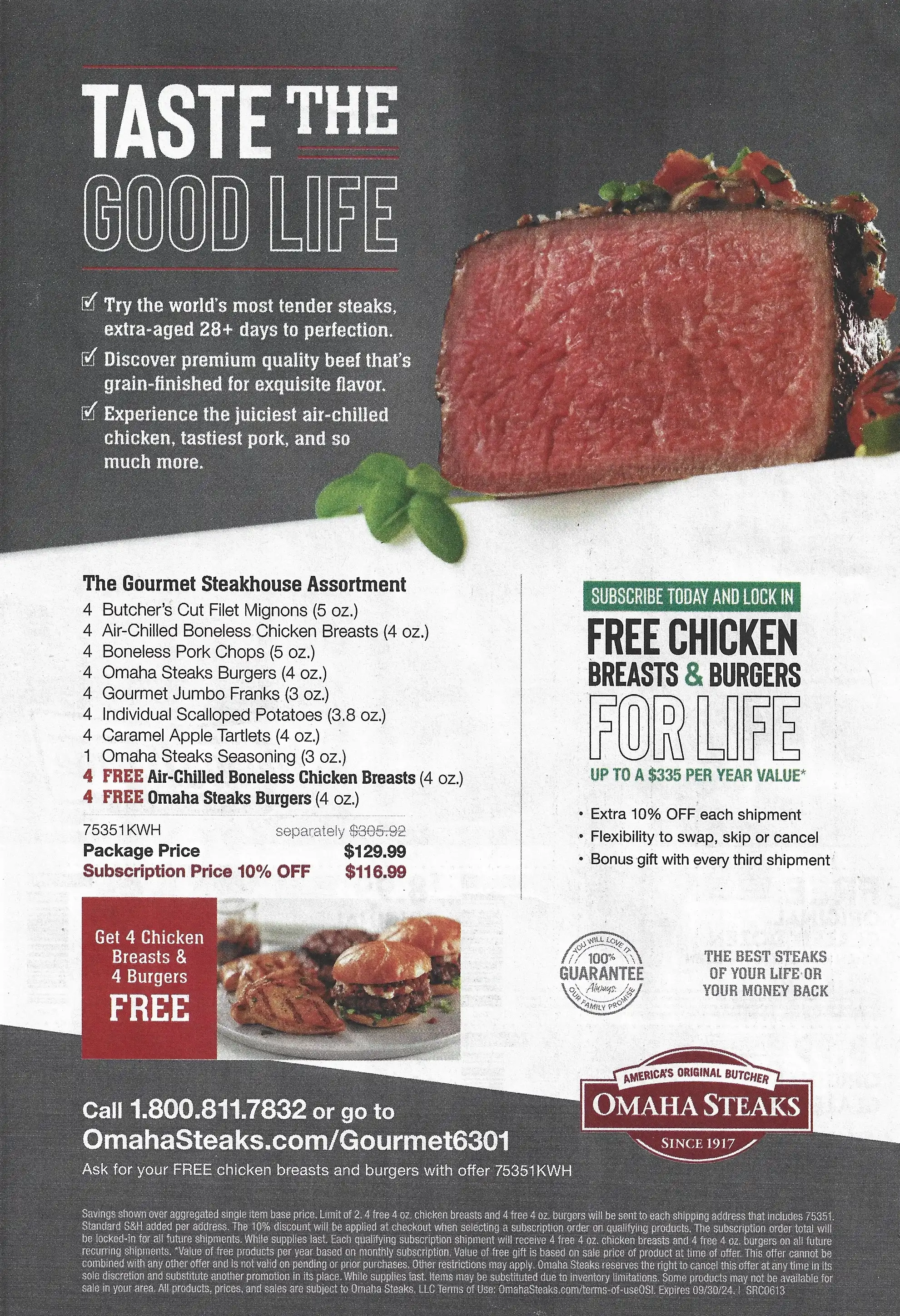 Omaha Steaks The Gourmet Steakhouse Assortment + Free Chicken Breasts & Burgers For Life Promo Code - Expires 09/30/2024
