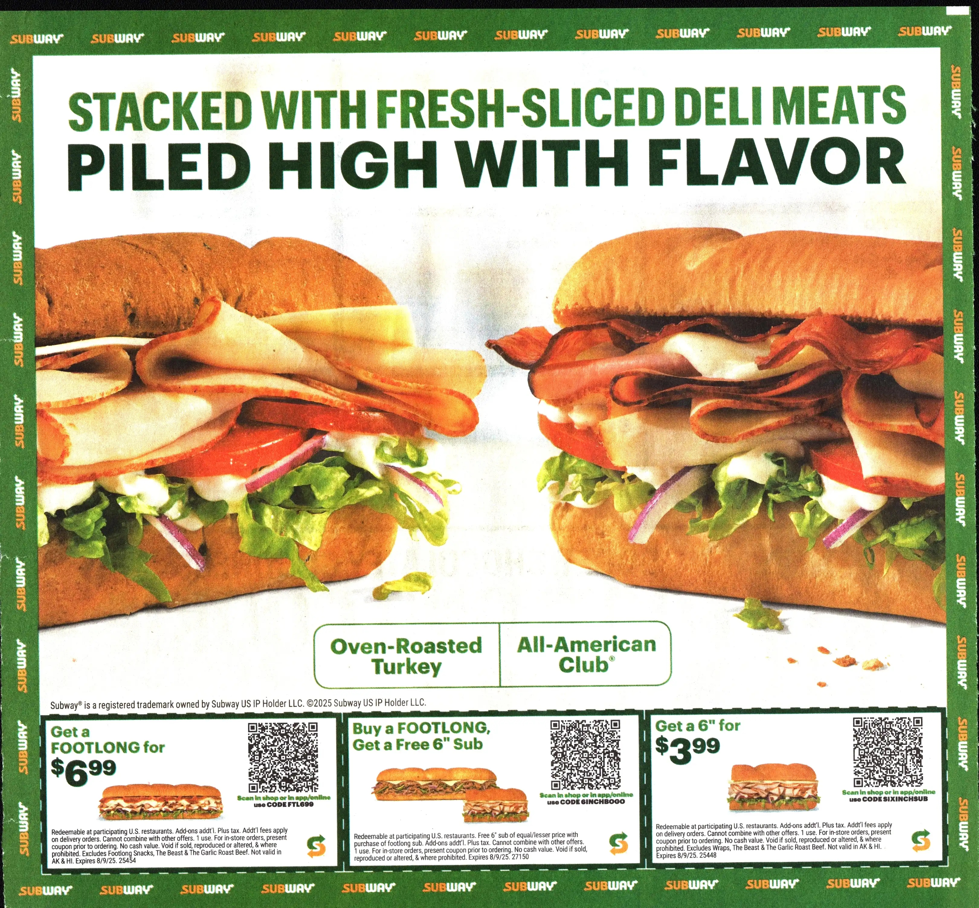Subway QR Code Coupons - Expires 08/09/2025
